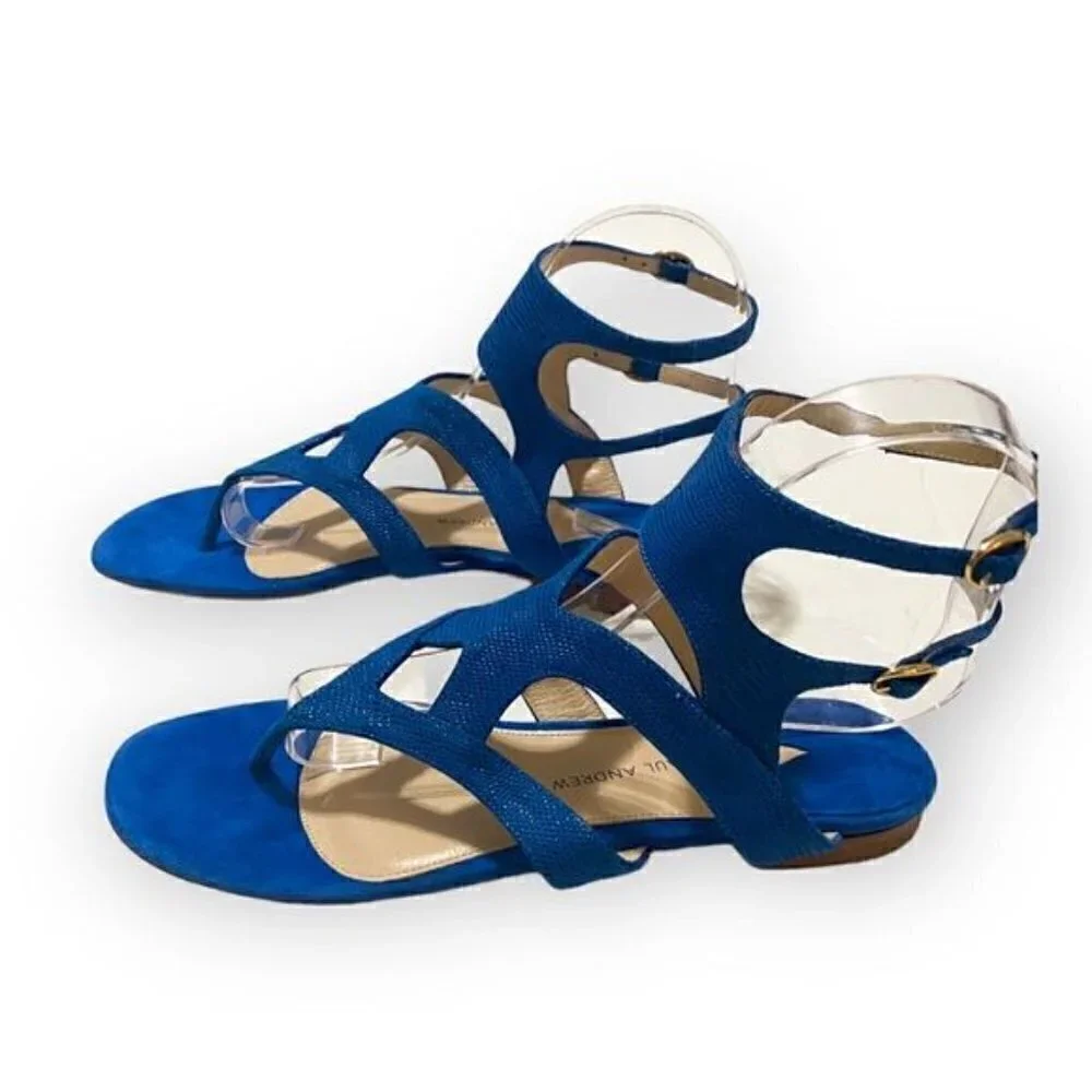 Paul Andrew double ankle strap flat thong sandals in blue embossed suede, New